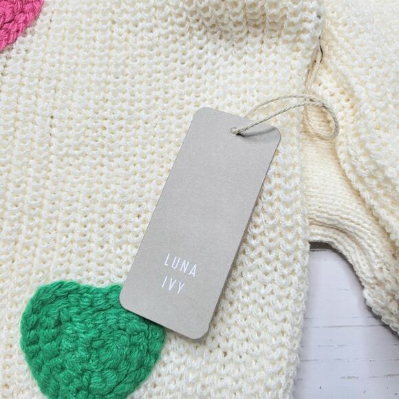 Luna Ivy Viral 3D Heart Sweater Open Weave Lightweight Cream Rainbow Crew Medium - Picture 7 of 8